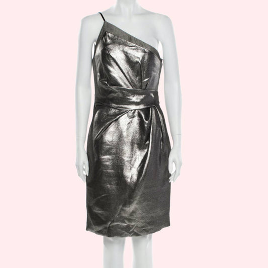 HALSTON HERITAGE Silver One-Shoulder Knee-Length Sheath Dress