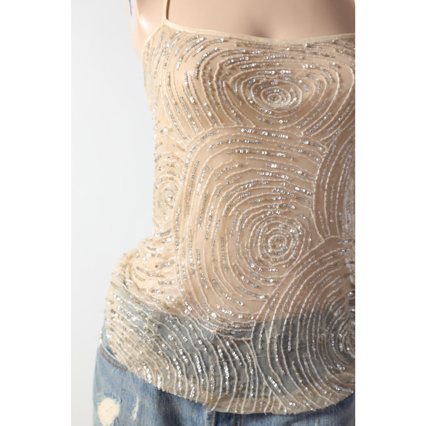 TOPSHOP KATE MOSS Vintage Cream Beaded Mesh Camisole Tank Top