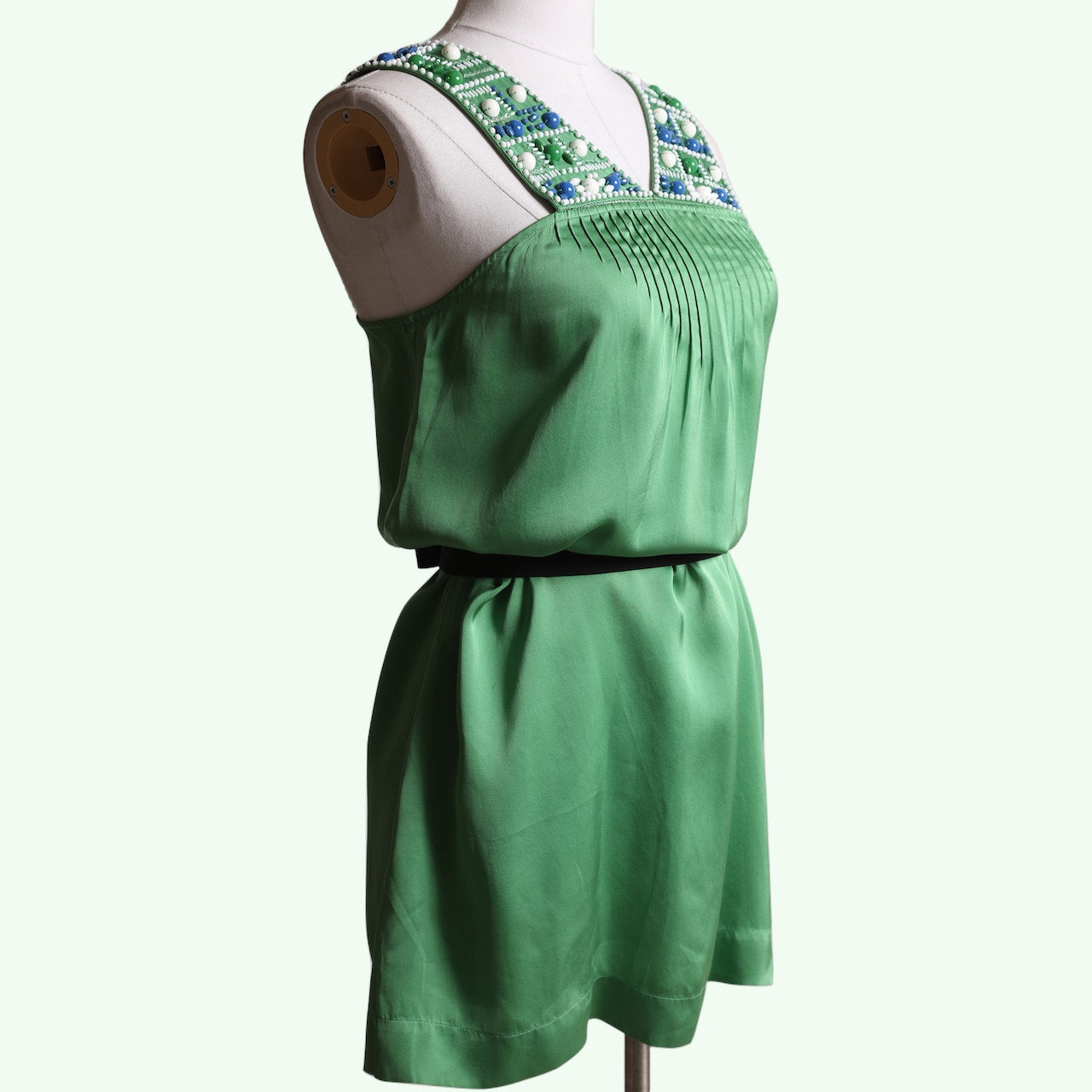 BCBGMAXAZRIA Vintage Green Beaded V Neck Silk Mini Dress