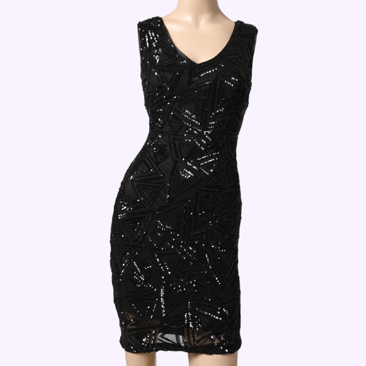 LUCY PARIS Black Sequin Pattern Embellished Sleeveless Dress