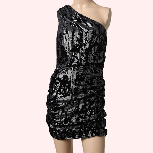 MAJE Black and Silver Velvet Textured One Shoulder Dress