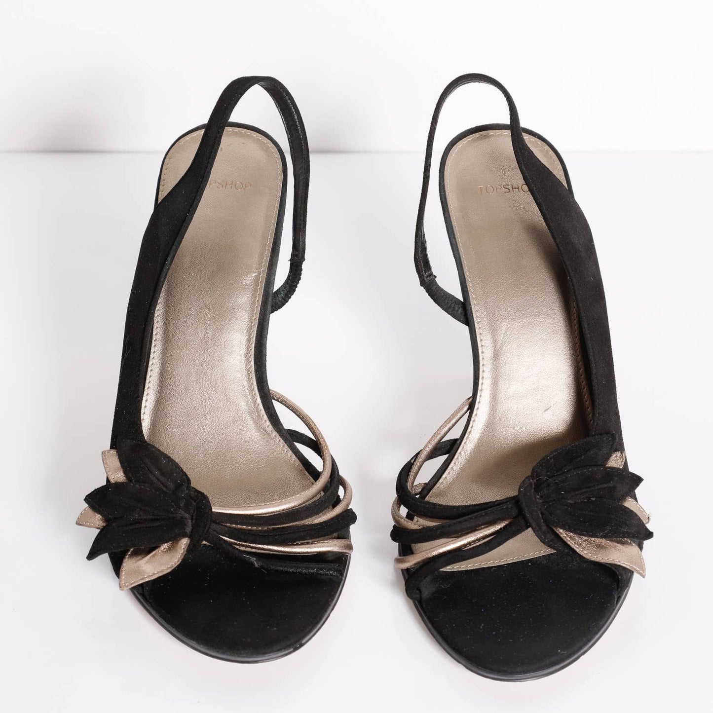 TOPSHOP Vintage Black Suede and Metallic Gold Kitten Heels