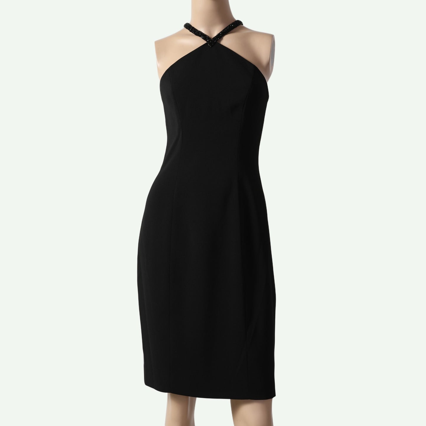 CARMEN MARC VALVO Black Beaded Crossover Halter Sheath Dress