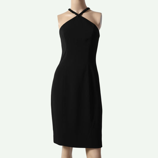CARMEN MARC VALVO Black Beaded Crossover Halter Sheath Dress