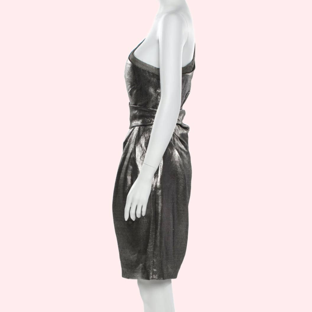HALSTON HERITAGE Silver One-Shoulder Knee-Length Sheath Dress