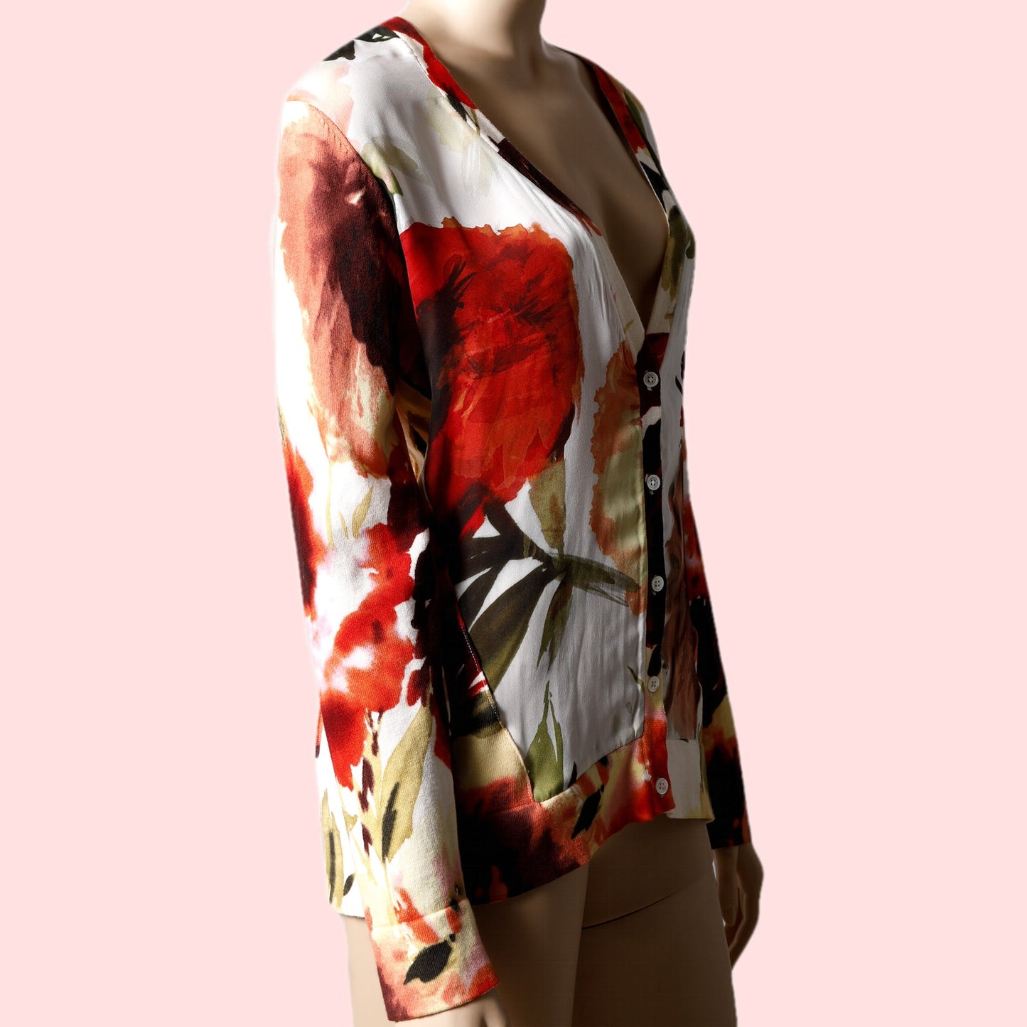 HAUTE HIPPIE Orange, Red and Cream Silk Floral Printed Cardigan