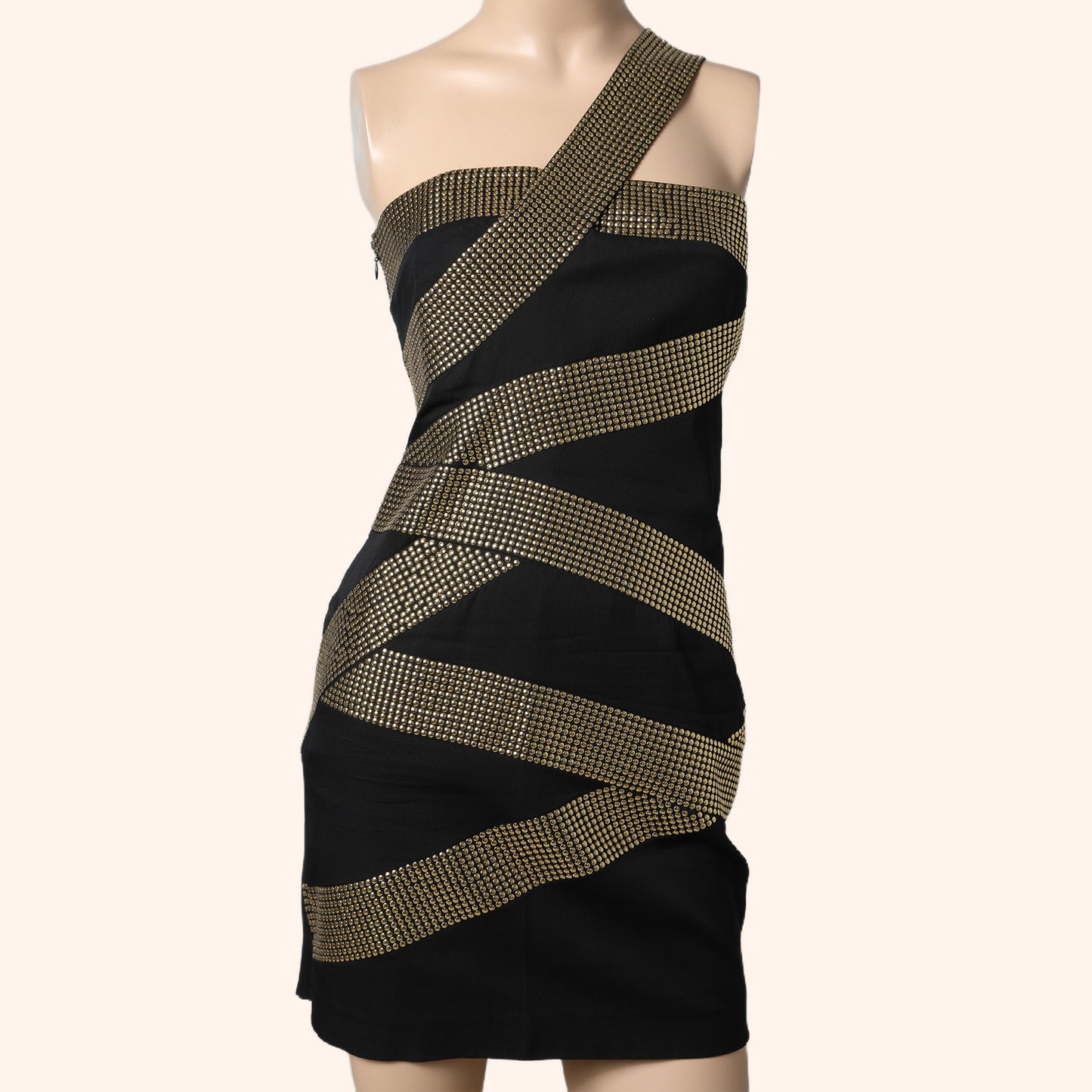ROBERT RODRIGUEZ Black Gold Studded One-Shoulder Mini Dress