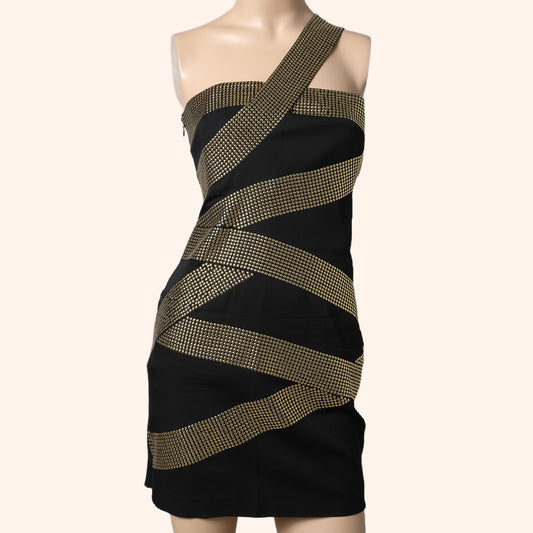 ROBERT RODRIGUEZ Black Gold Studded One-Shoulder Mini Dress