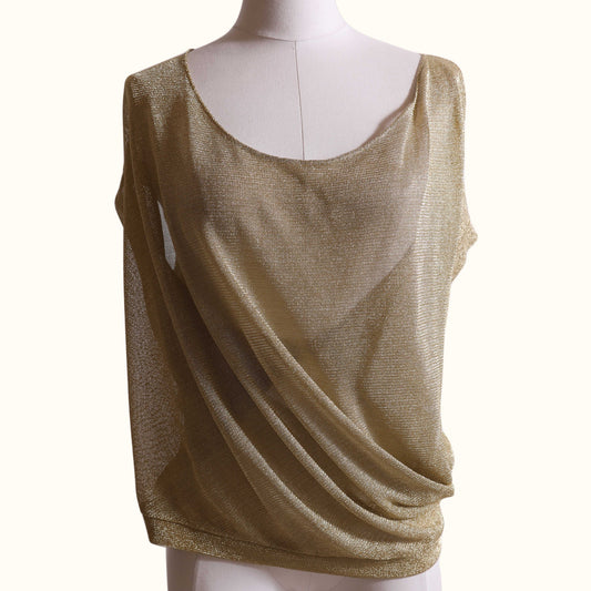 CATHERINE BRICKHILL Vintage Y2K Metallic Gold Draped Short Sleeve Top