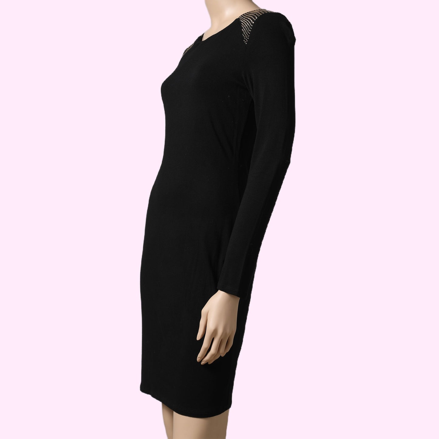 VINCE CAMUTO Black Jersey Gold Studded Shoulder Sheath Dress