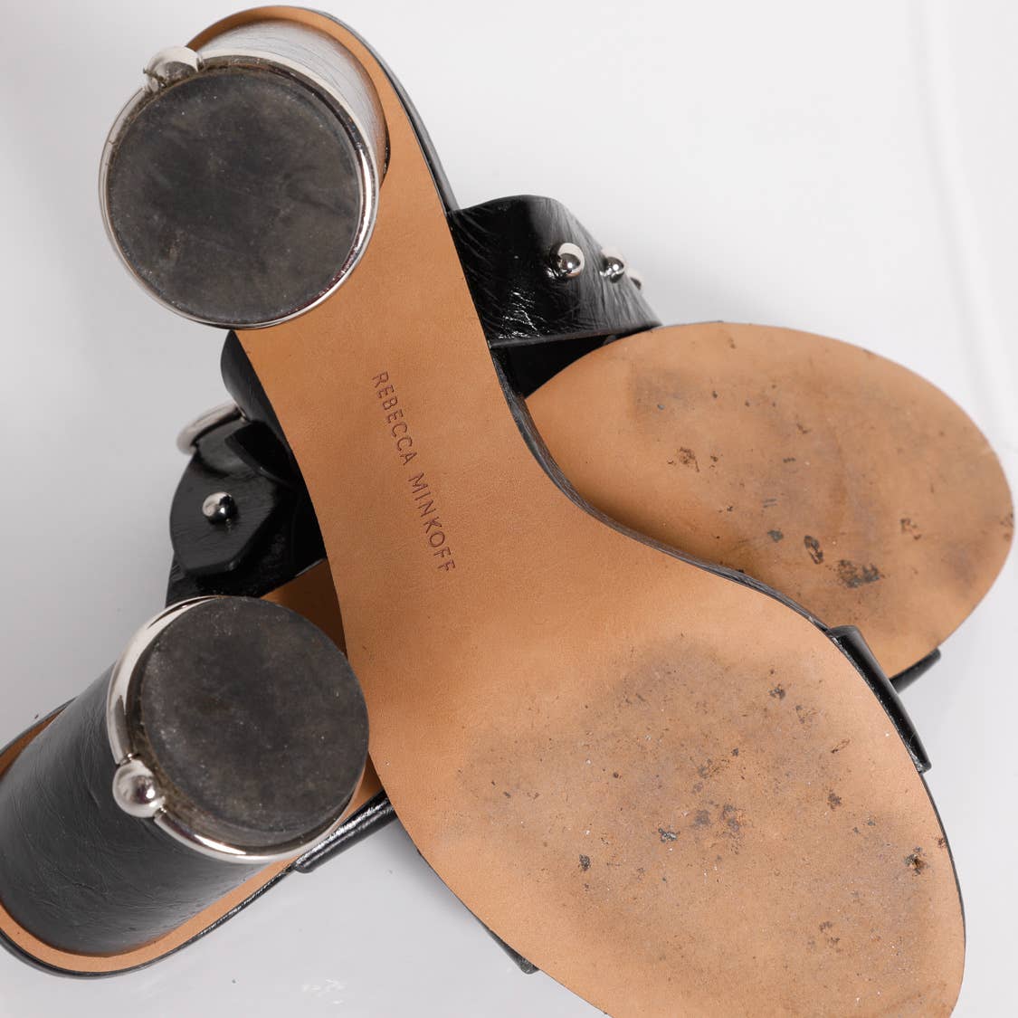 REBECCA MINKOFF Black Studded Leather Heeled Sandals