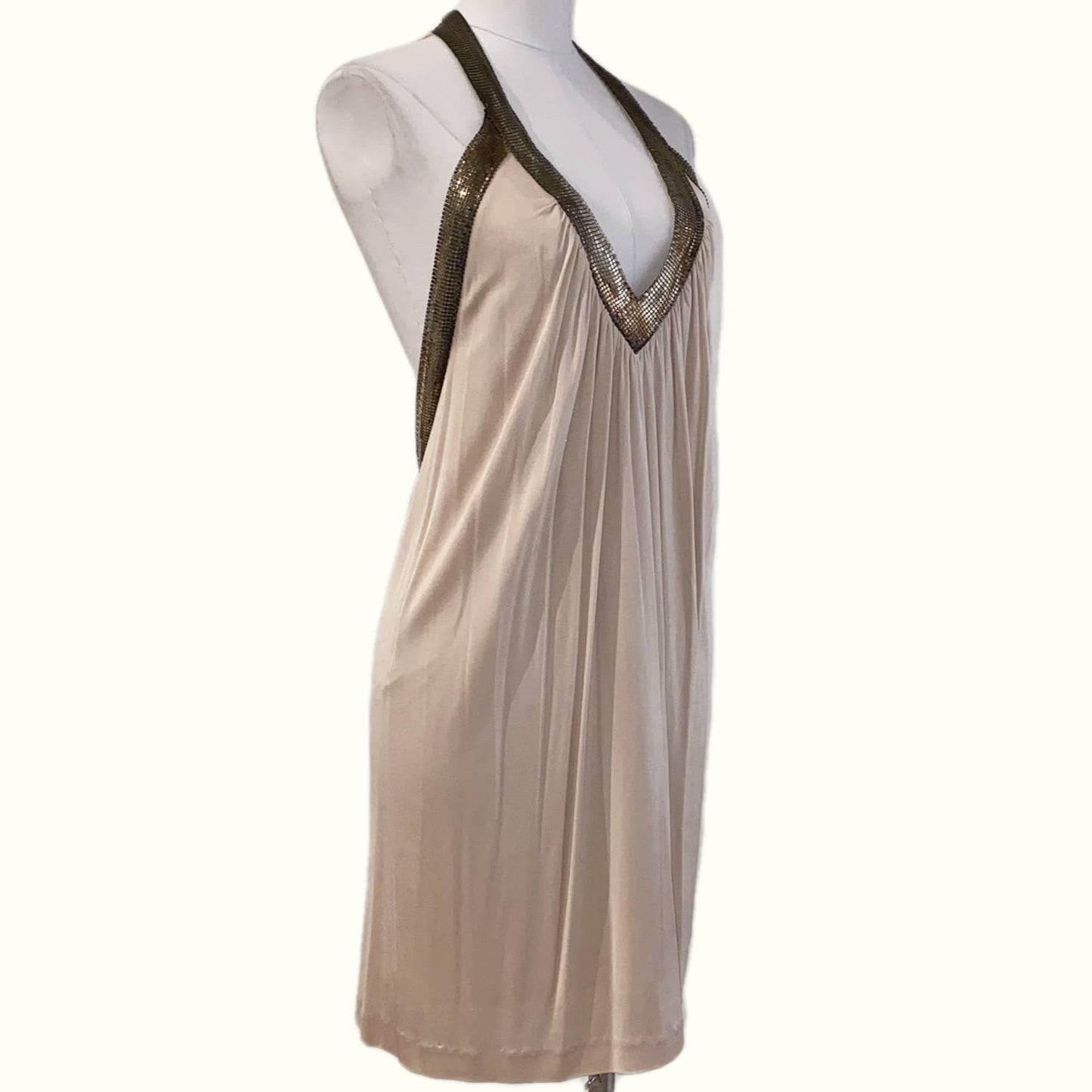 BCBGMAXAZRIA Beige and Gold Embellished Halter Backless Dress