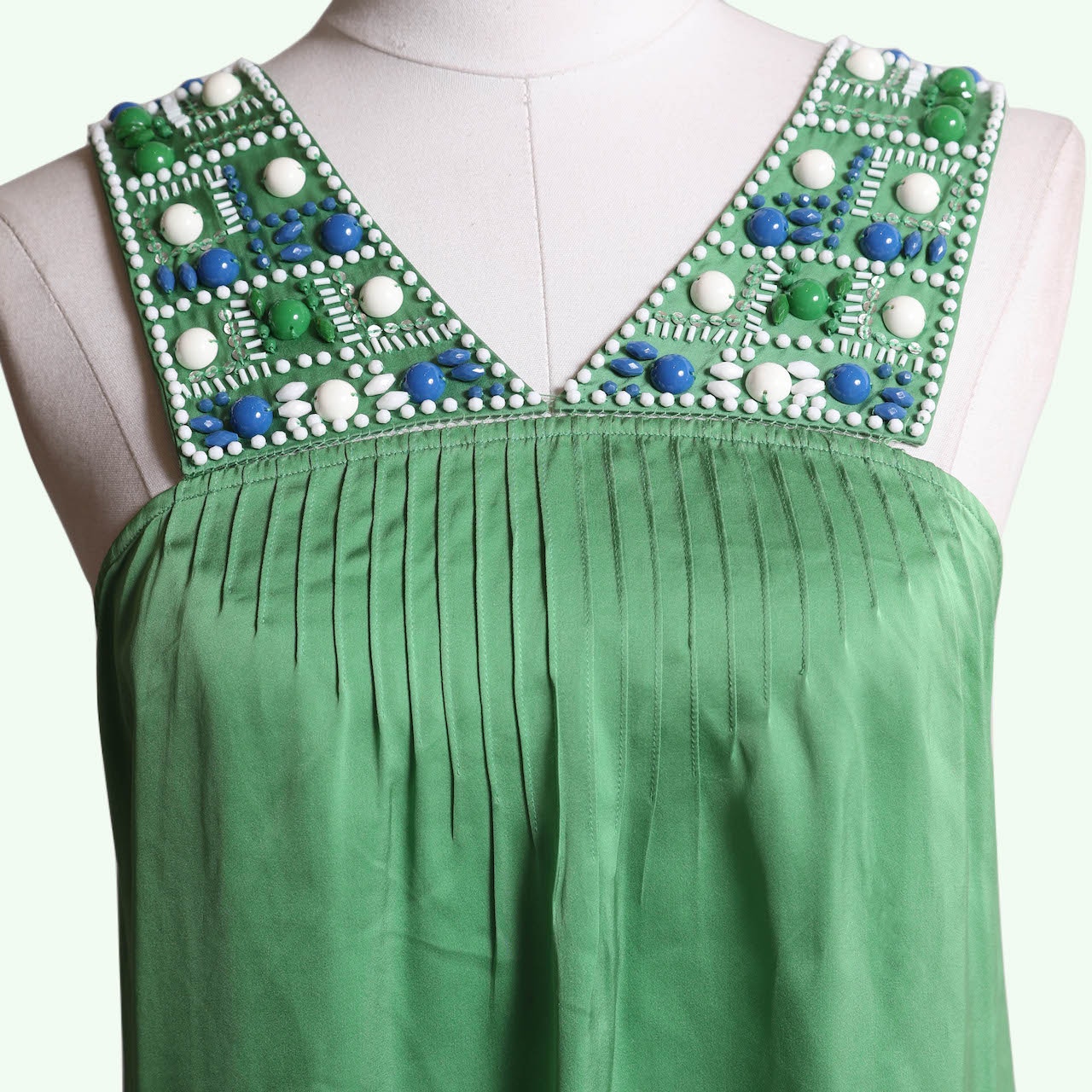 BCBGMAXAZRIA Vintage Green Beaded V Neck Silk Mini Dress