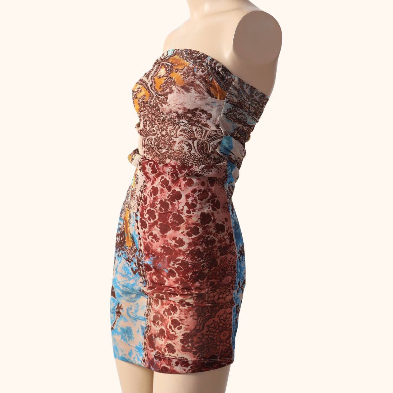PLEIN SUD JEANS Vintage Multicolor Printed Mesh Strapless Bodycon Dress