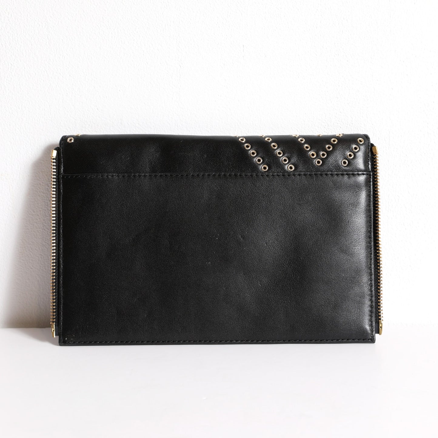 DIANE VON FURSTENBERG Black Pebbled Leather Studded Envelope Clutch