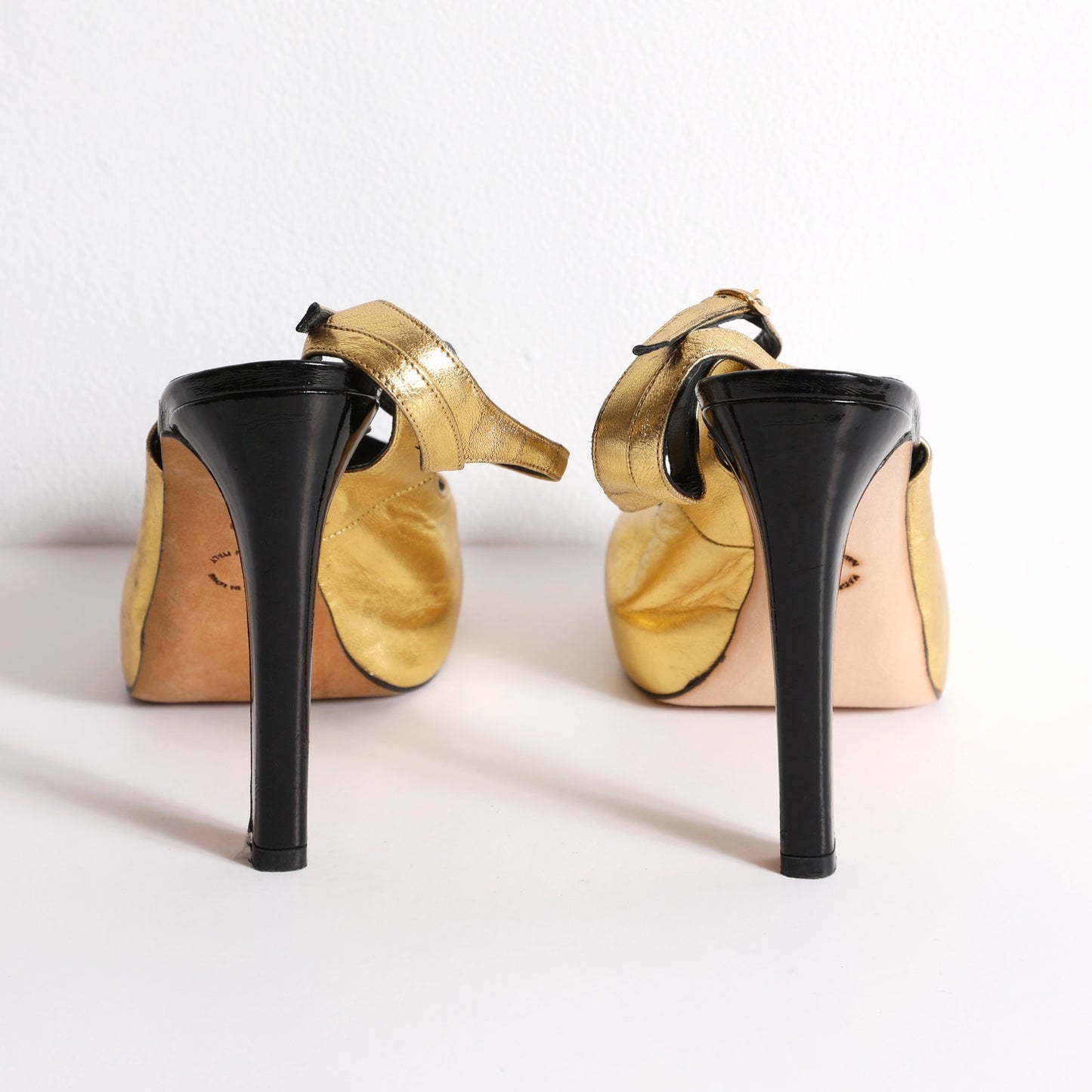 GEORGINA GOODMAN Vintage Gold Leather Slingback Platform Heels With Crystal