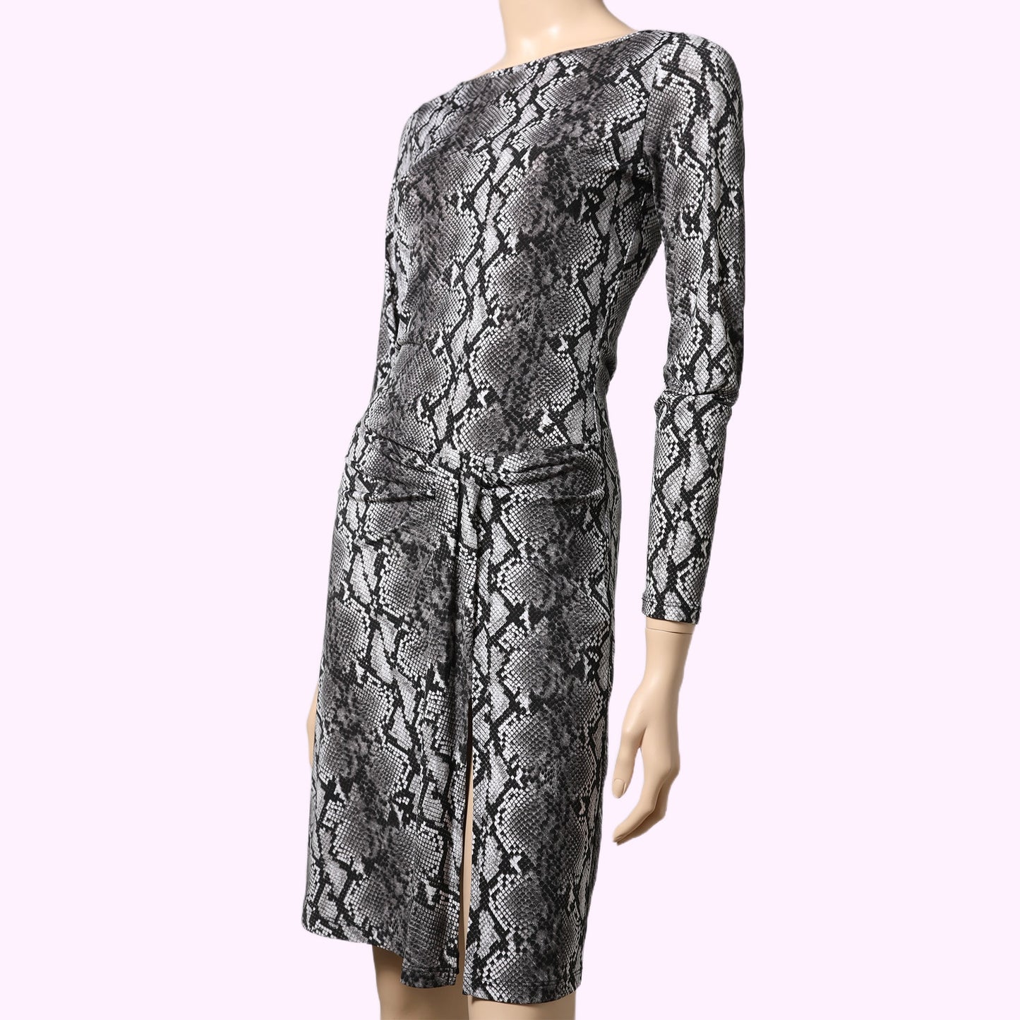 MICHAEL KORS Black Gray Snakeskin Print Long Sleeve Ruched Dress
