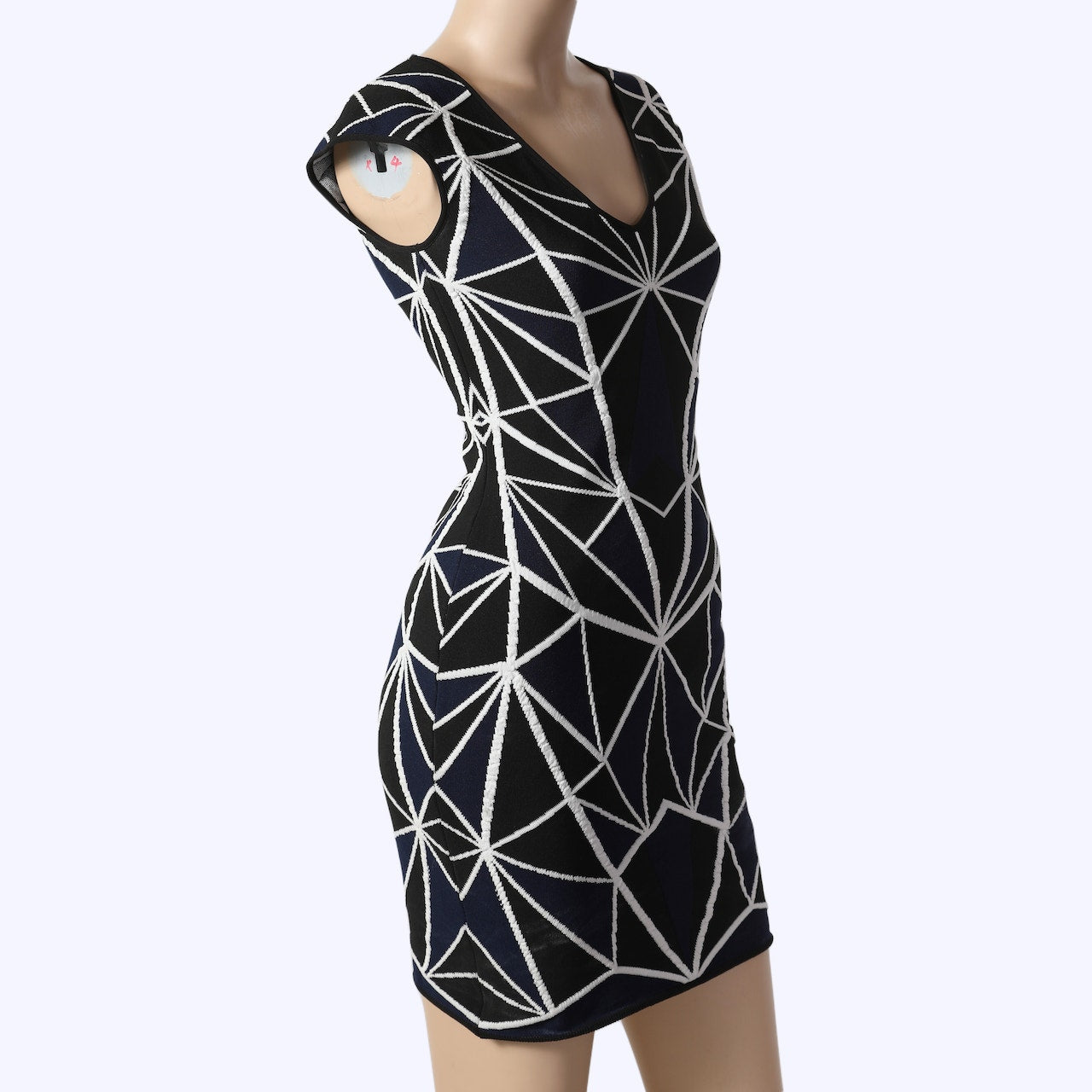 RVN Black White Geometric Jacquard Bodycon Mini Dress