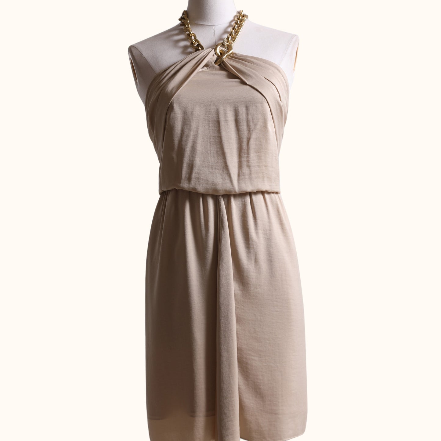 BCBGMAXAZRIA Vintage Beige Satin Gold Chain Halter Mini Dress