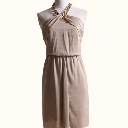BCBGMAXAZRIA Vintage Beige Satin Gold Chain Halter Mini Dress