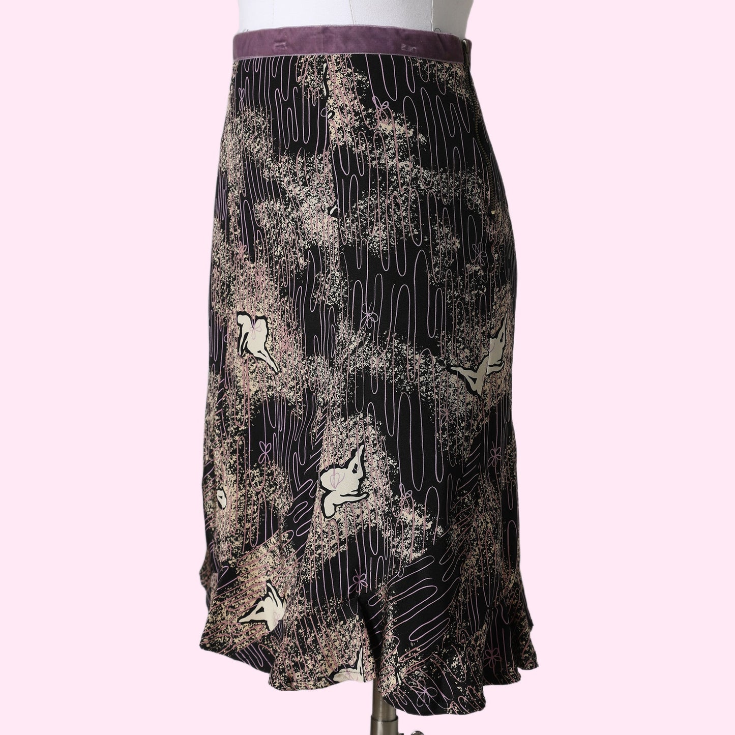 BEVERLY & MONIKA Vintage Black Purple and Gold Abstract Pattern Tulip Skirt