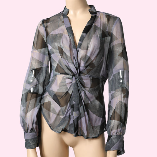 DIANE VON FURSTENBERG Vintage Y2K Purple and Gray Silk Sheer Twist Front Top