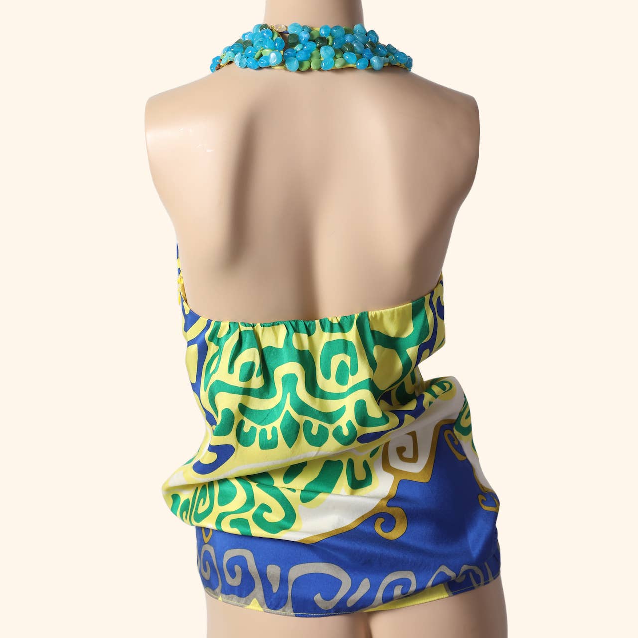 TIBI Multicolor Beaded + Embellished Print Silk Halter Top