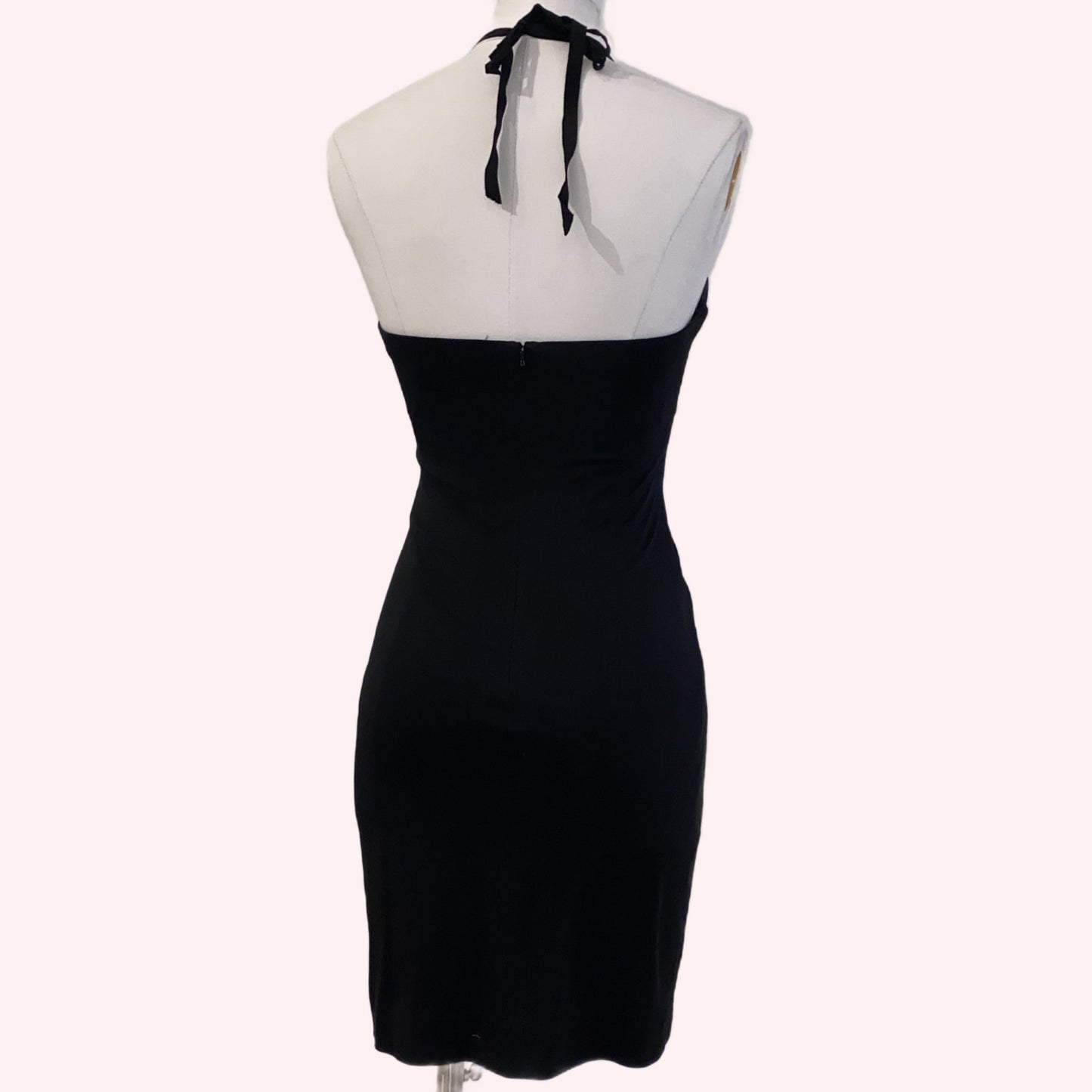 BCBGMAXAZRIA Vintage Black Halter Top Cocktail Dress with Lace Ruffles