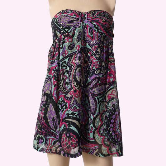 TIBI Vintage Multicolor Metallic Paisley Strapless Empire Waist Mini Dress