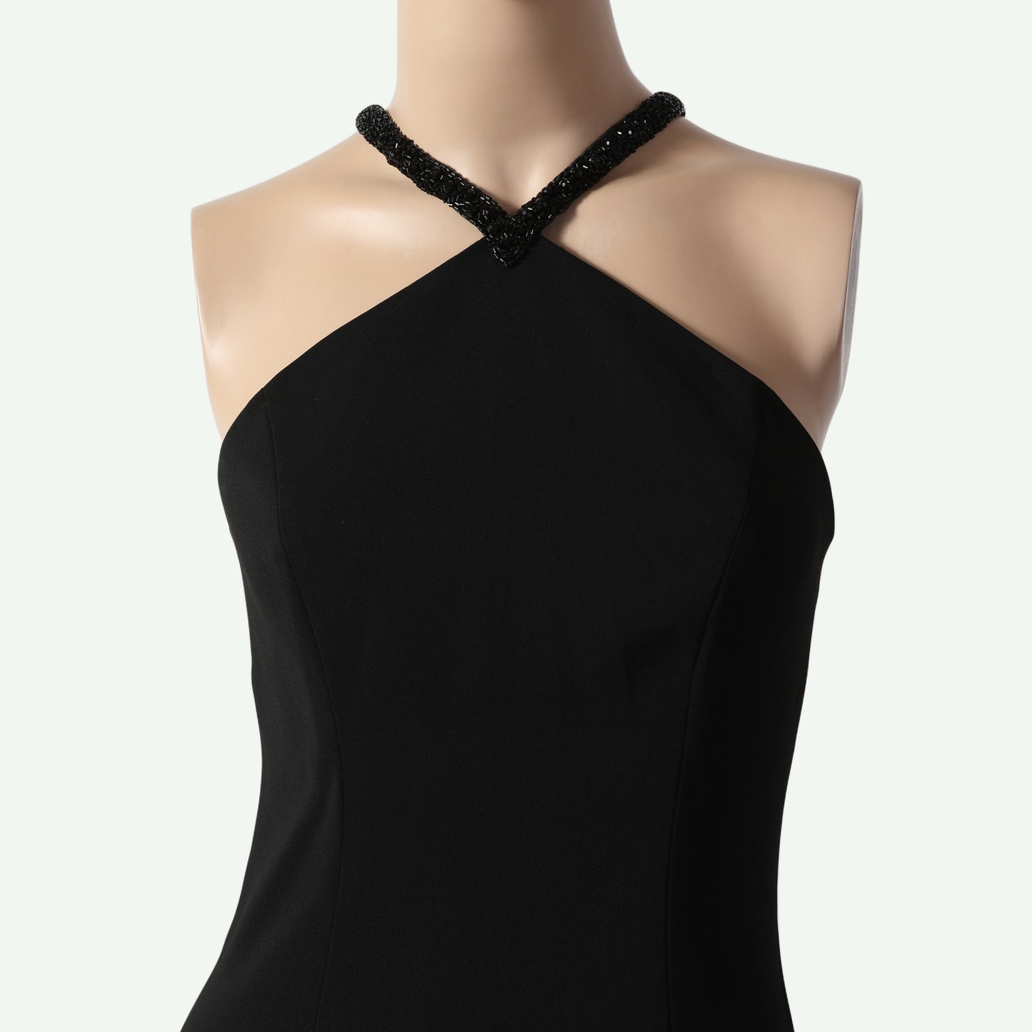 CARMEN MARC VALVO Black Beaded Crossover Halter Sheath Dress