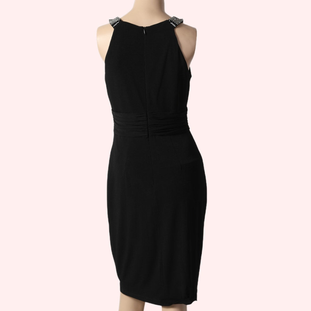 DAVID MEISTER Black Beaded Halter Sheath Dress