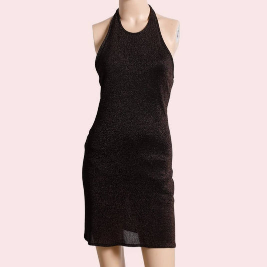 MARK EISEN Vintage Black with Bronze Threading Halter Mini Dress