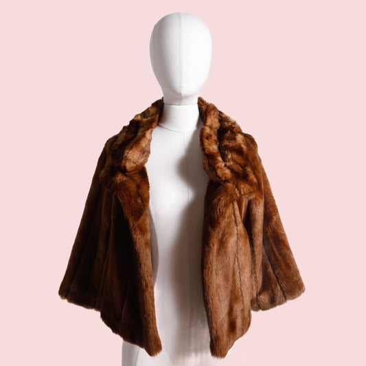 VINTAGE Brown Open Front Faux Fur Cape