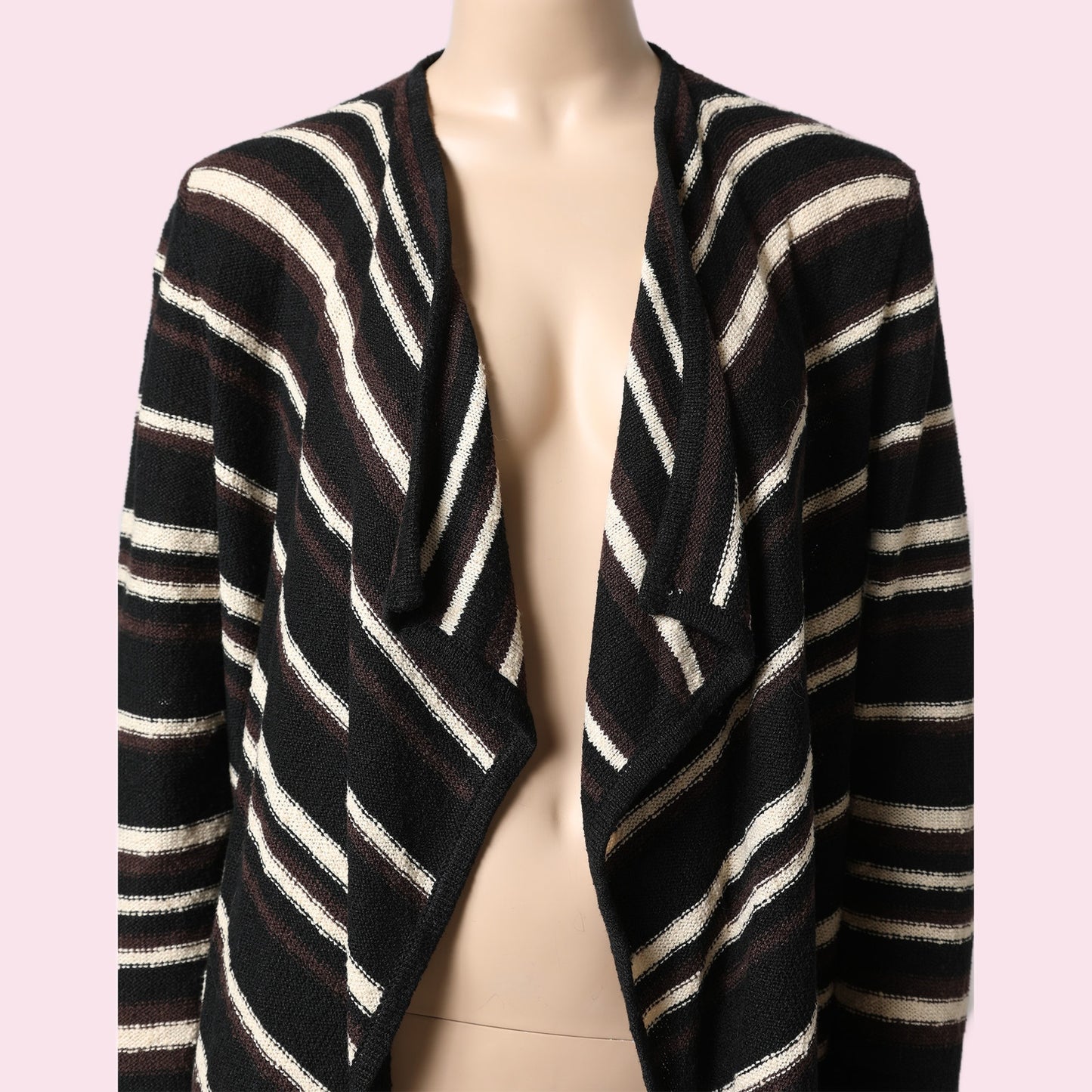 TORY BURCH Black, Brown, and Cream Linen Striped Cardigan Sweater