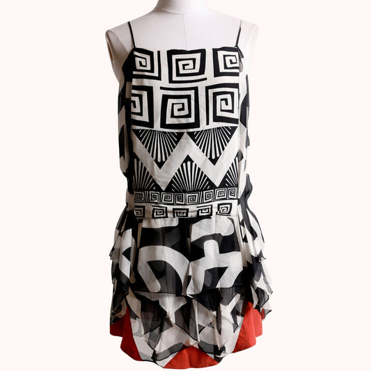 DIANE VON FURSTENBERG Vintage Chrysilla Black White Tribal Print Silk Mini Dress