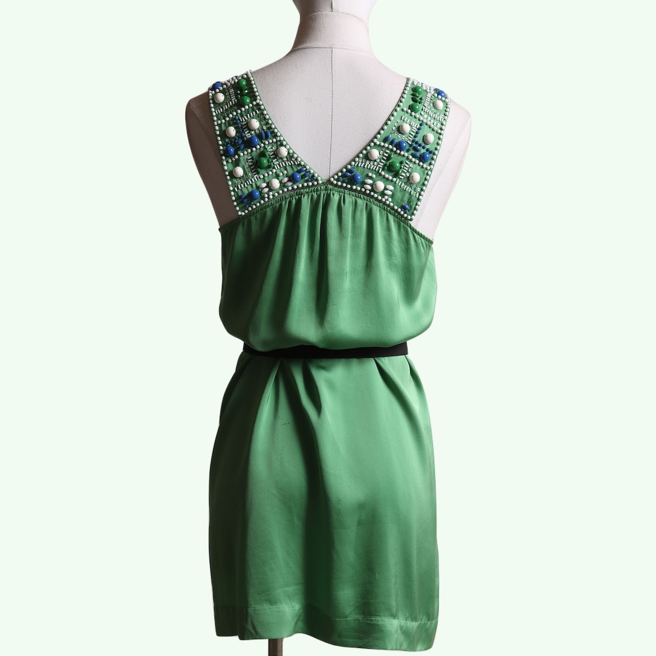 BCBGMAXAZRIA Vintage Green Beaded V Neck Silk Mini Dress