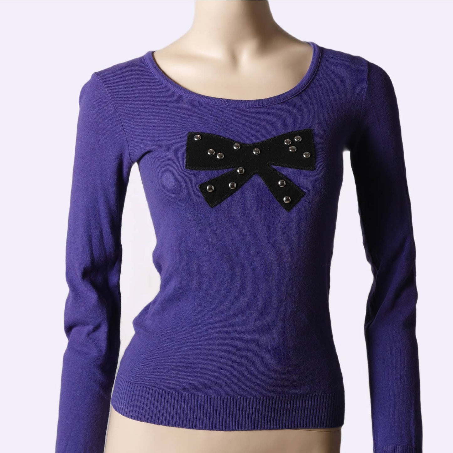 SONIA BY SONIA RYKIEL Violet with Black Pearled Bow Long Sleeve Sweater