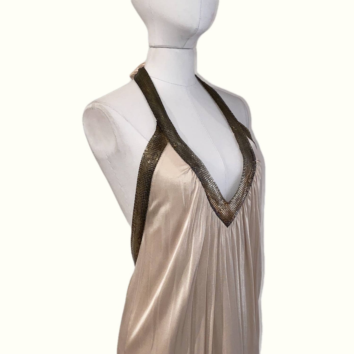 BCBGMAXAZRIA Beige and Gold Embellished Halter Backless Dress