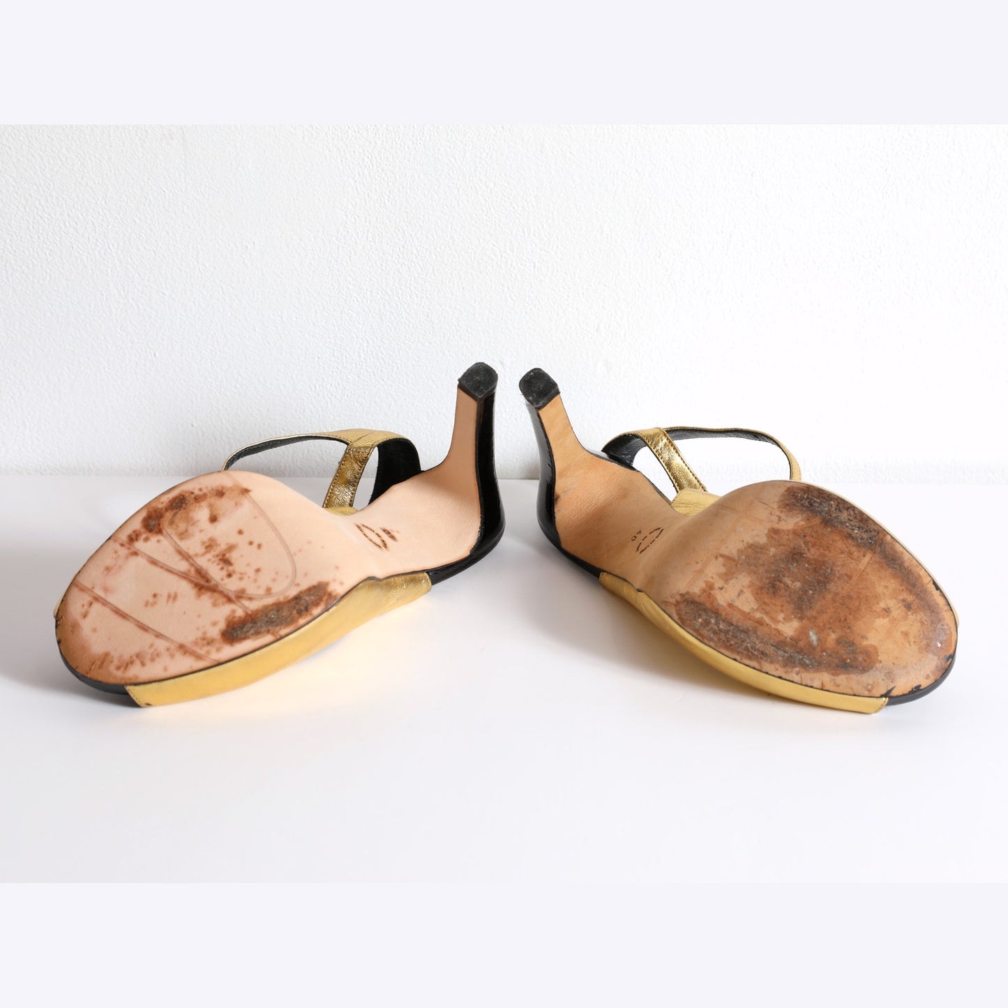 GEORGINA GOODMAN Vintage Gold Leather Slingback Platform Heels With Crystal