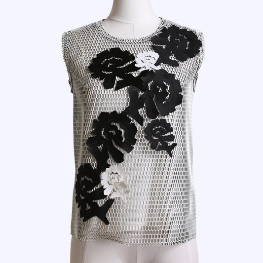 VIVIENNE TAM Black and White Netted Floral Tank