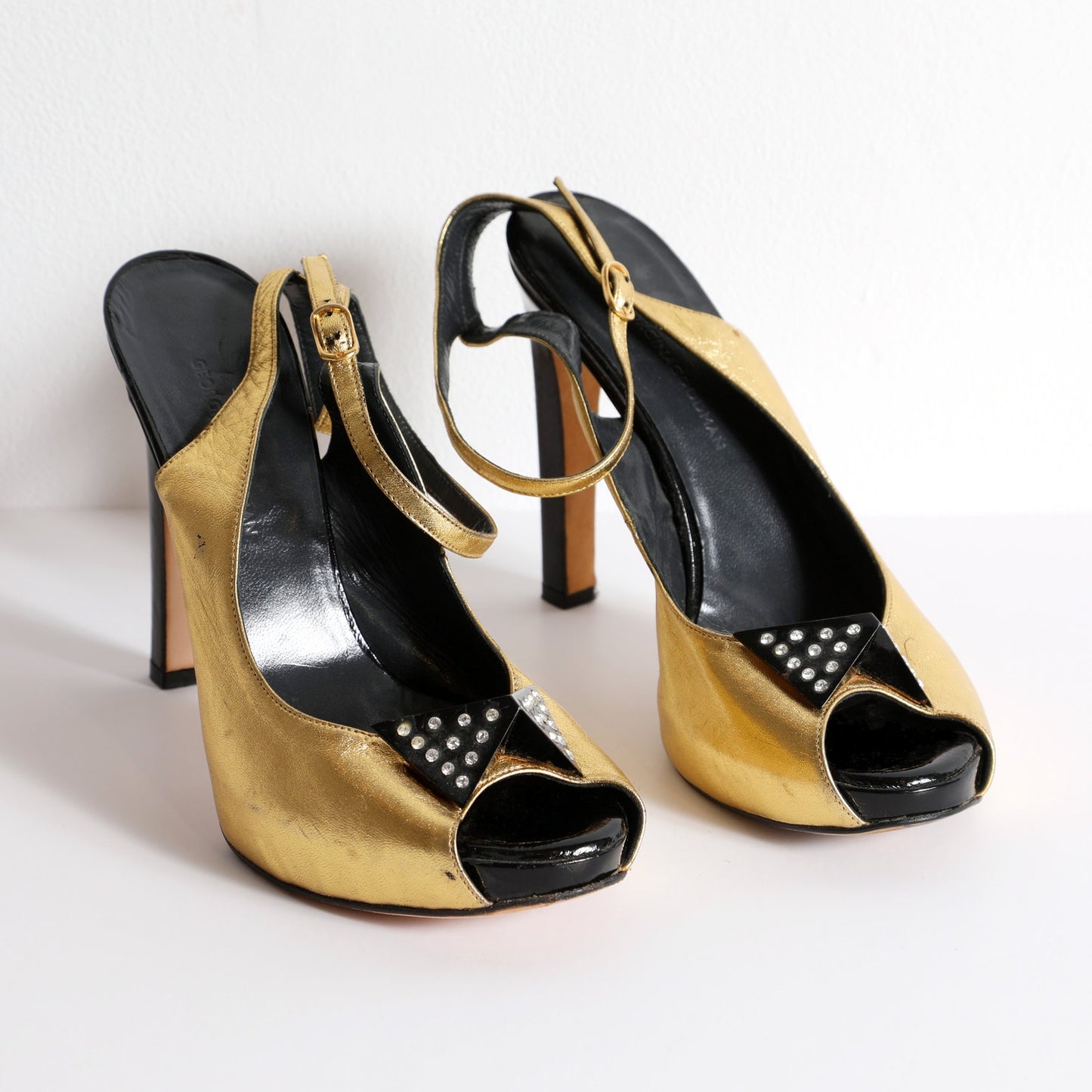 GEORGINA GOODMAN Vintage Gold Leather Slingback Platform Heels With Crystal