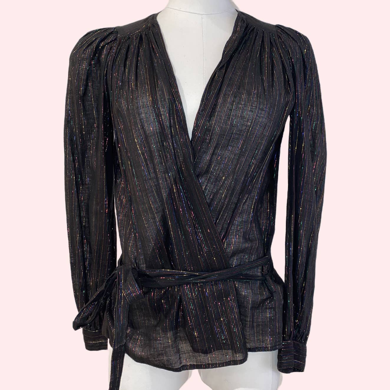 MAJE Metallic Threaded Long Sleeve Cotton Wrap Blouse