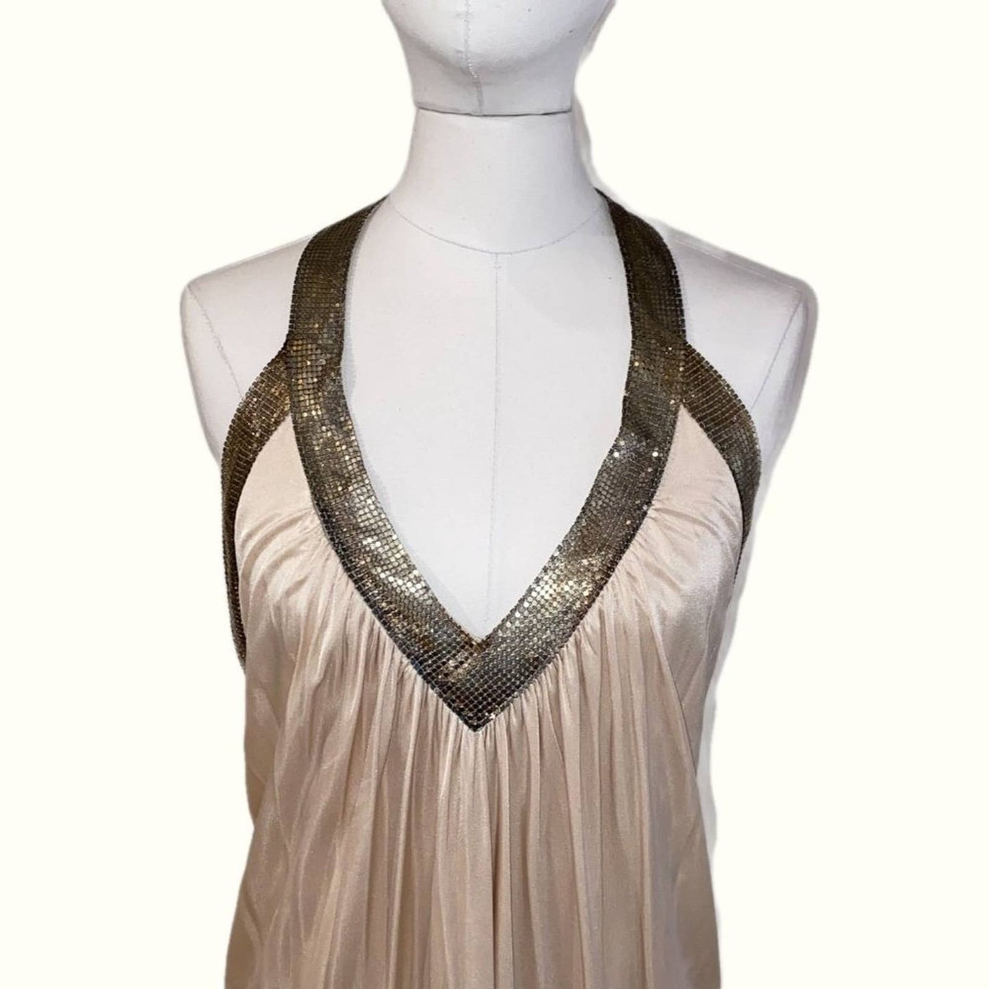 BCBGMAXAZRIA Beige and Gold Embellished Halter Backless Dress