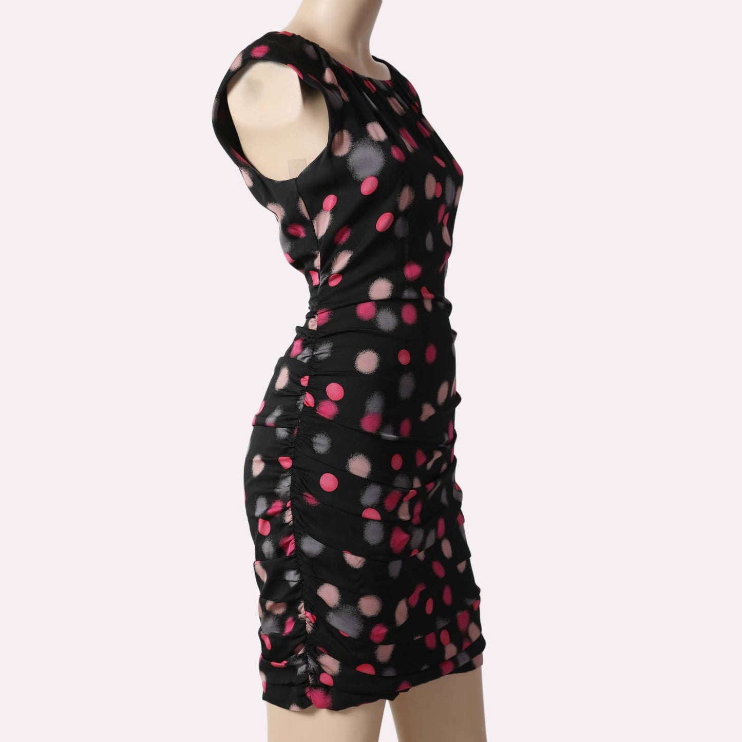 DIANE VON FURSTENBERG Black with Pink Polka Dot Sleeveless Silk Mini Dress