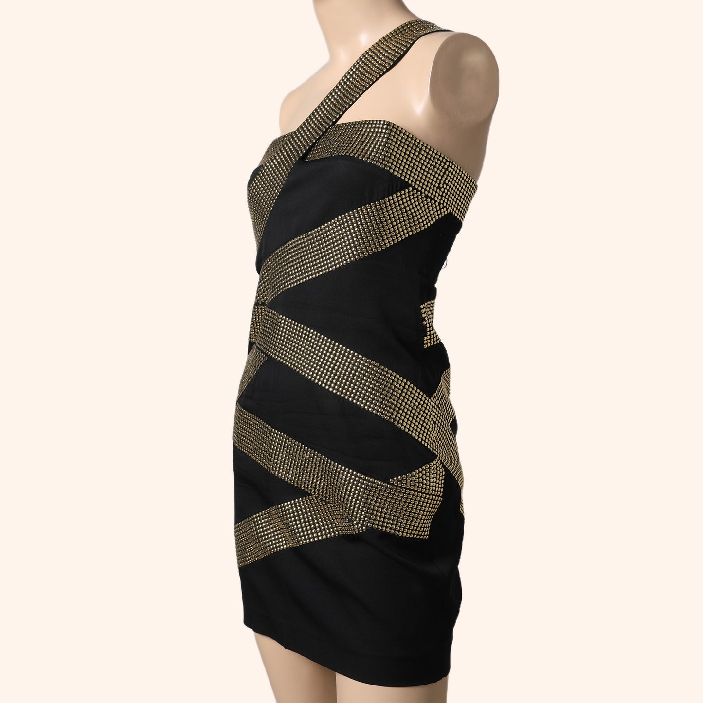 ROBERT RODRIGUEZ Black Gold Studded One-Shoulder Mini Dress