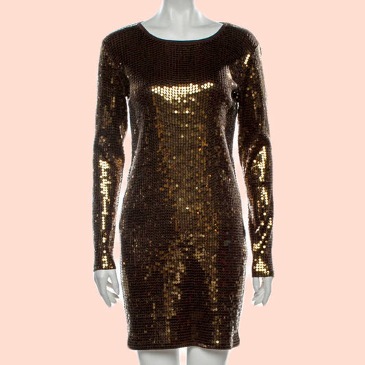 MICHAEL KORS Bronze Sequin Long Sleeve Cotton Dress