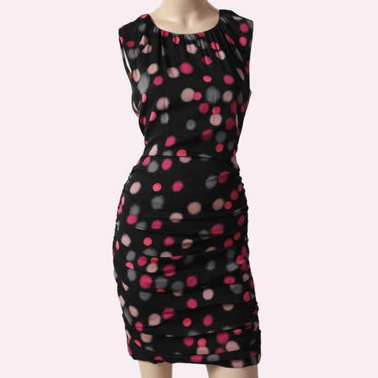 DIANE VON FURSTENBERG Black with Pink Polka Dot Sleeveless Silk Mini Dress