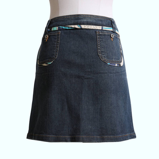 DOLCE & GABBANA - Dark Blue Denim with Multicolor Pattern Mini Skirt