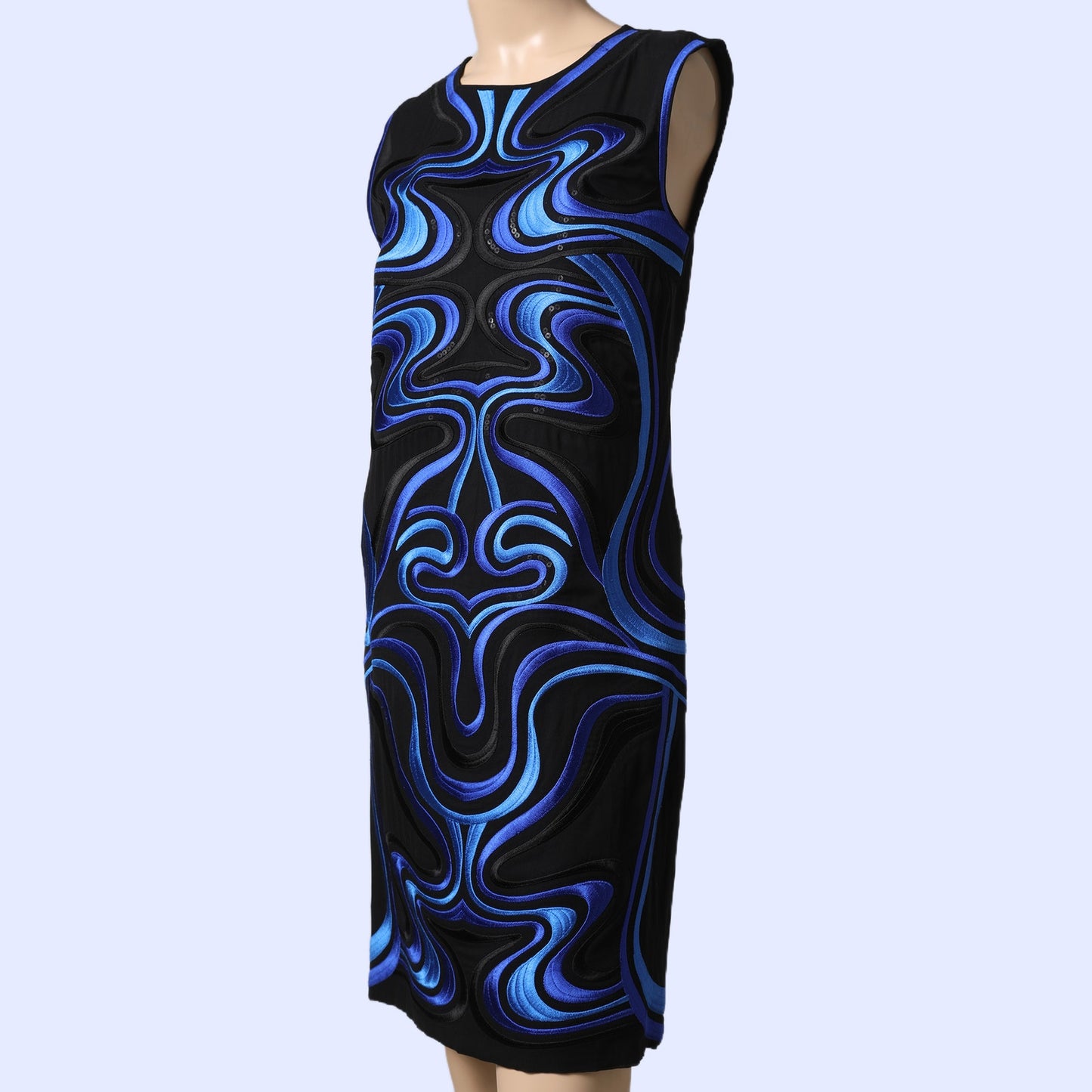 DIANE VON FURSTENBERG Black & Blue Abstract Embroidered Sleeveless Sheath Dress