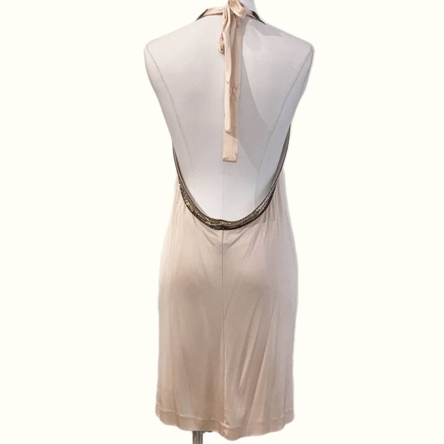 BCBGMAXAZRIA Beige and Gold Embellished Halter Backless Dress